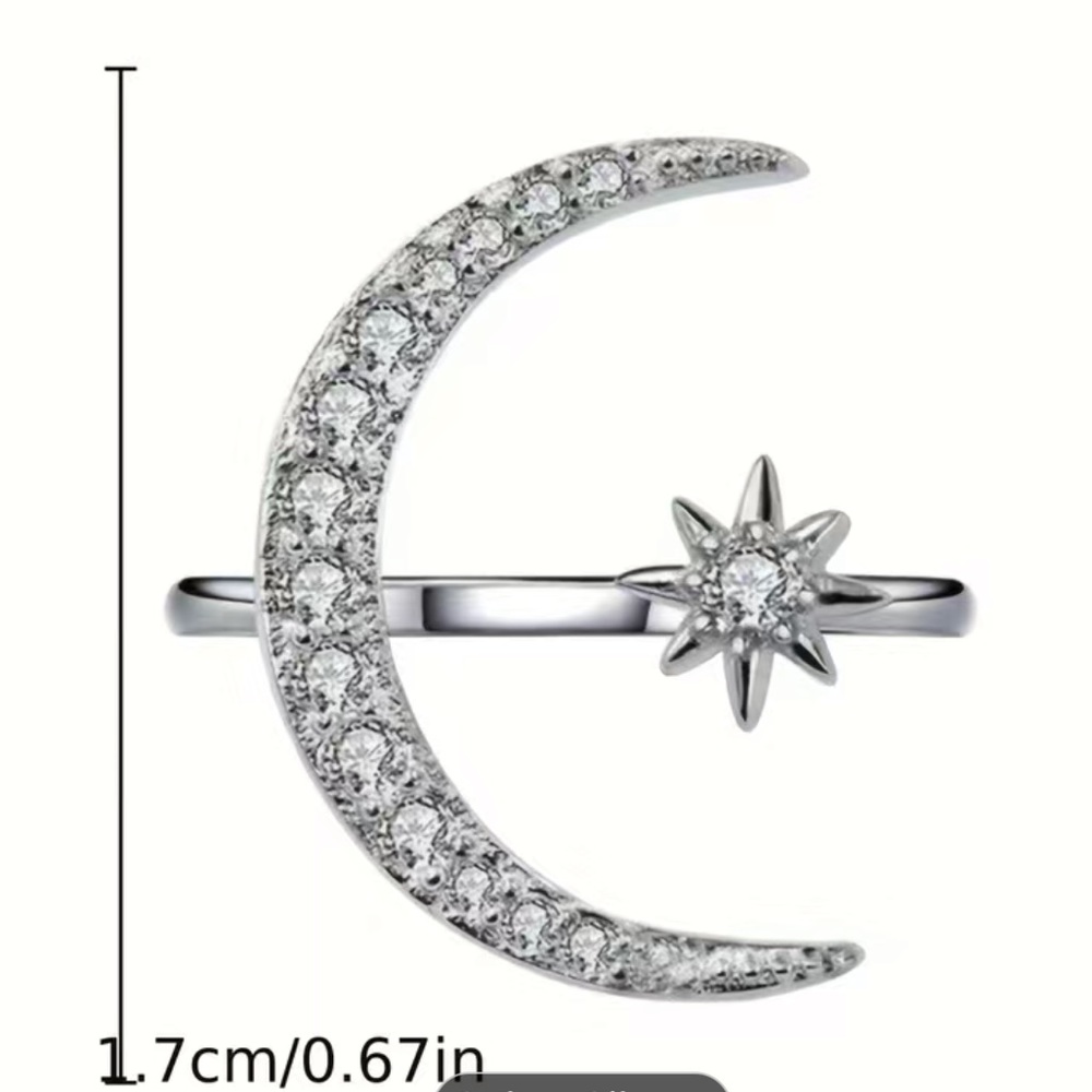 Adjustable Size Cuff Ring Crescent Moon And Star Design Shape Inlaid Rhinestones - Picture 5 of 8